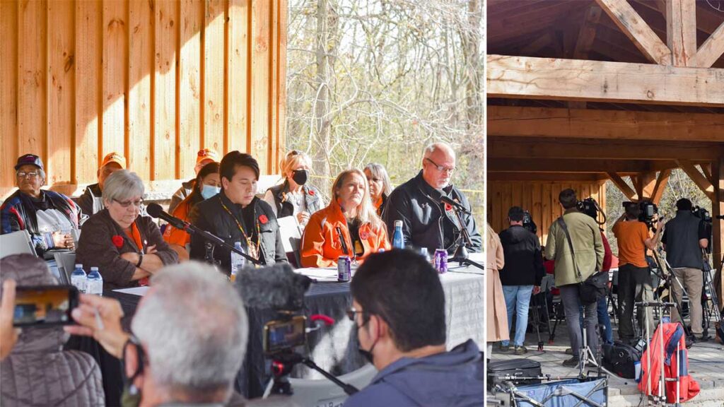Survivors hold a press conference at the Mohawk Village Memorial Park located by the Woodland Cultural Centre and begin the GPR search.