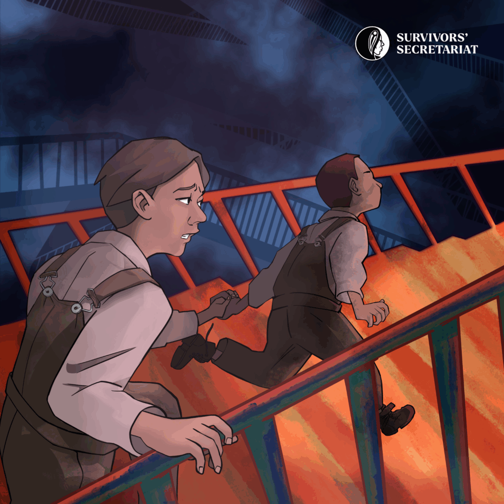 Two Boys running down stairs afraid