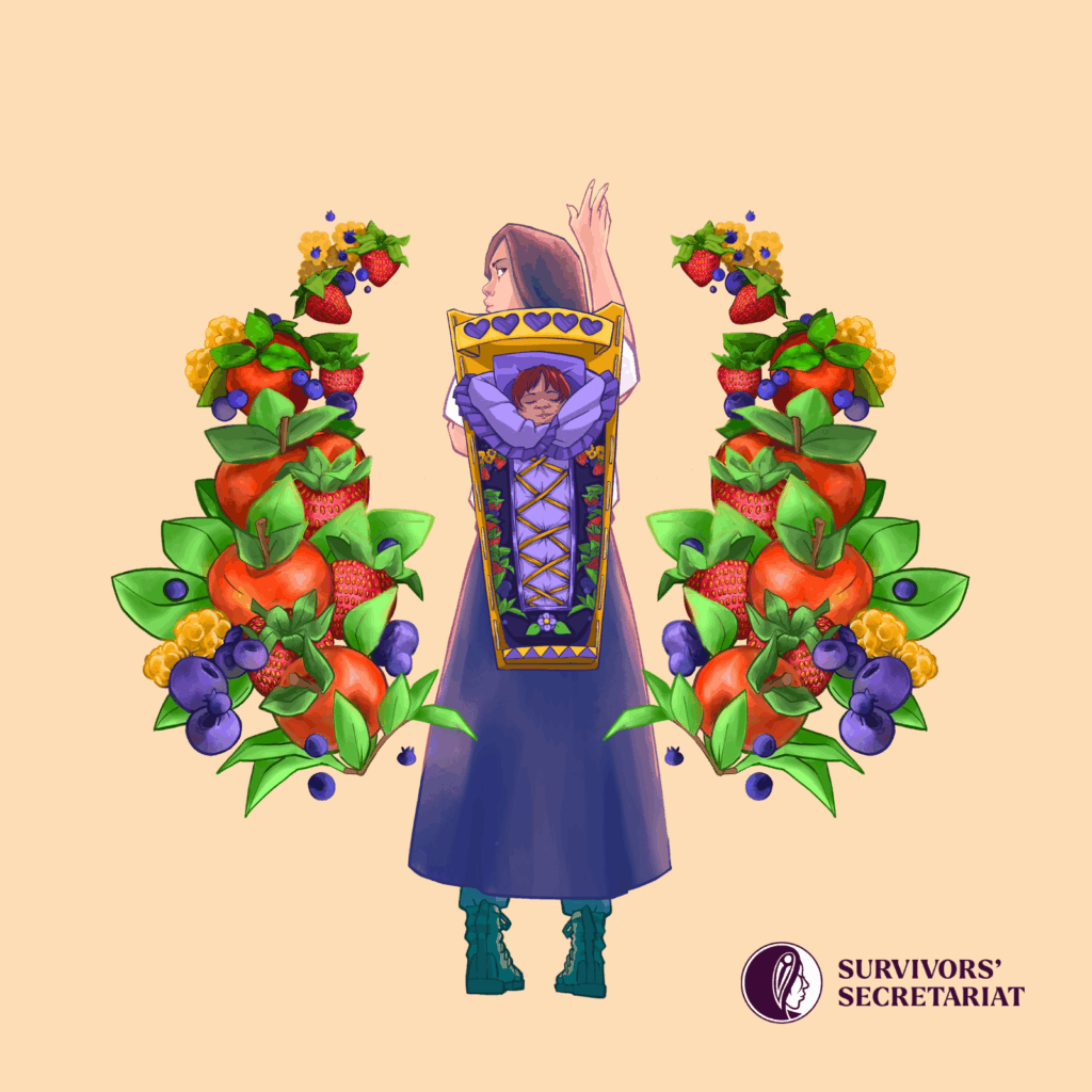 Woman with Moss Bag Surrounded by Fruits and Flowers