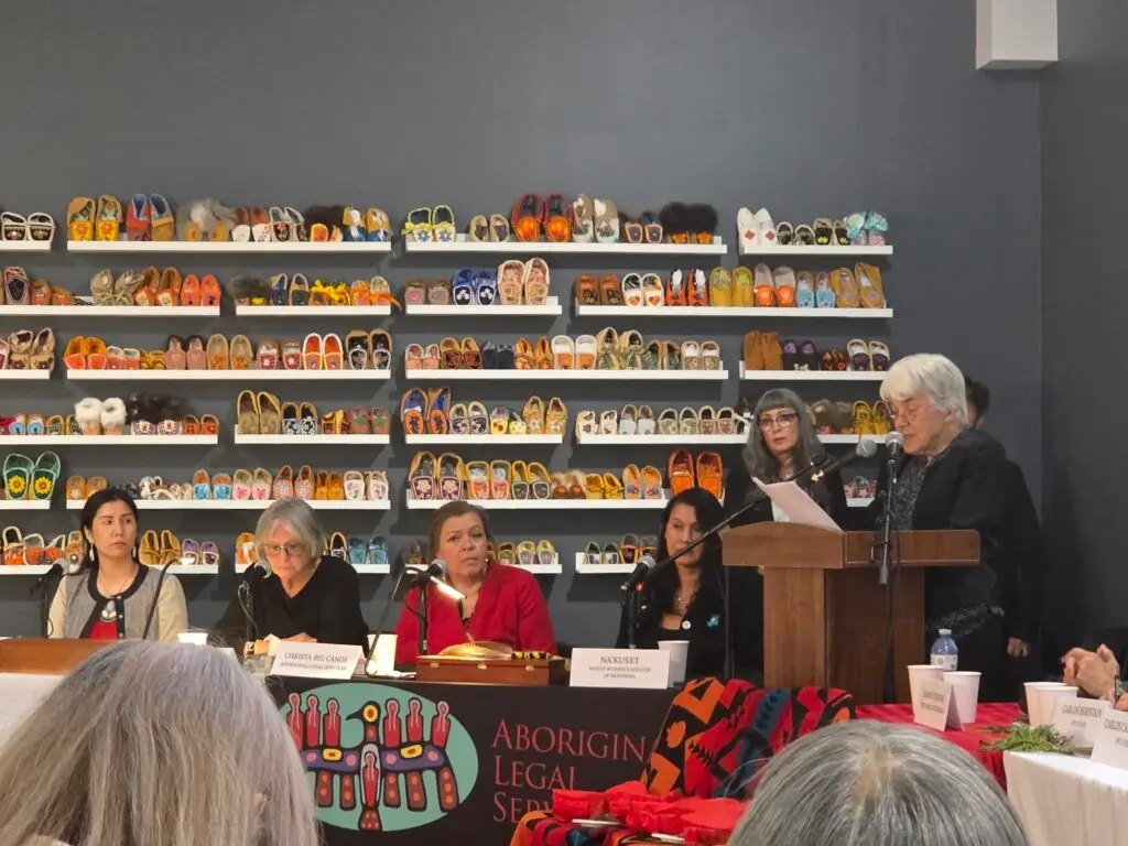 Co-chair Frances Webber reads the interim statement on the final day of the Permanent Peoples’ Tribunal hearings in Montreal, May 2026.