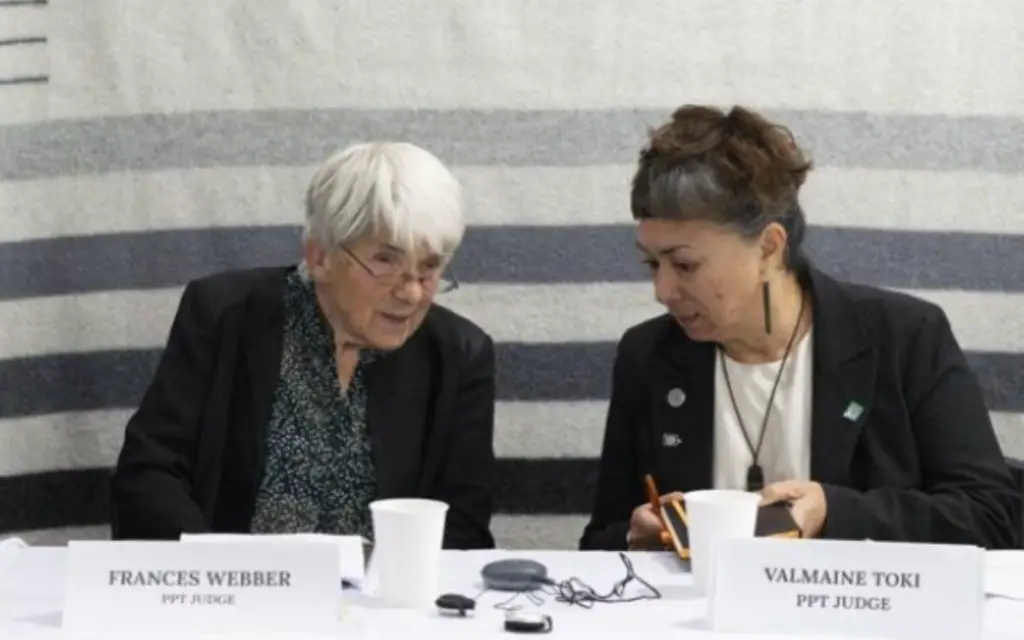 Judges Frances Webber (right) and Valmaine Toki deliver preliminary conclusions at the Permanent Peoples’ Tribunal on Missing and Disappeared Indigenous Children and Unmarked Graves in Canada, held in Montreal in May 2026. Photo credit: Christine Muschi/The Canadian Press.